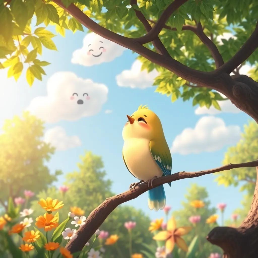 A sad little bird sitting on a branch looking up at the happy little clouds, surrounded by lush green trees and colorful flowers, gentle sunlight, inviting scenery, illustration, heartwarming moment, uplifting vibes, child-friendly
