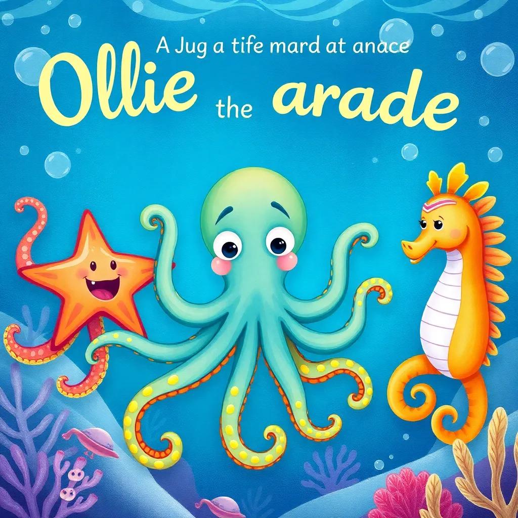 Ollie the octopus and his friends, a shiny starfish named Sammy and a dancing seahorse named Sally, showcasing their talents in a joyful ocean parade filled with laughter, underwater scenery, bright and lively colors, whimsical perspective, magical atmosphere, high quality