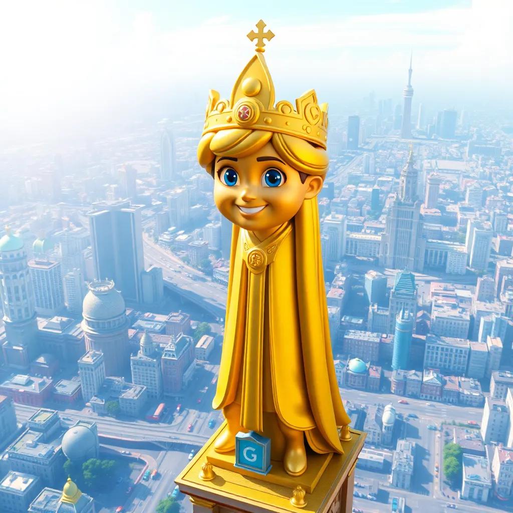 A tall golden statue, the Happy Prince, with kind blue eyes and a bright smile, standing proudly on a high tower overlooking a busy city, digital art, vibrant colors, cheerful atmosphere, high quality