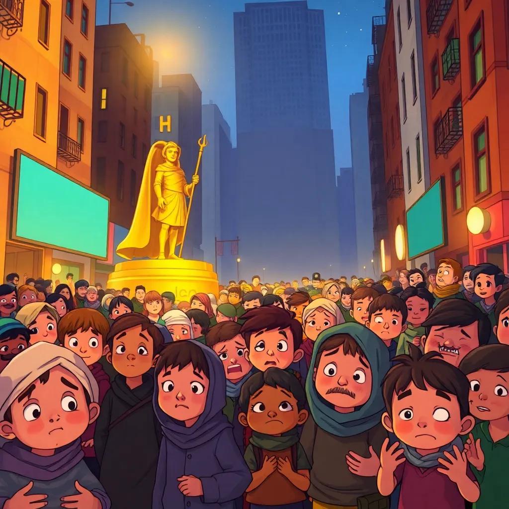 A busy city scene filled with poor people looking sad, some in old clothes, others with hungry faces, contrasted with the bright golden statue of the Happy Prince overseeing them, illustration, warm colors, heartfelt, child-friendly