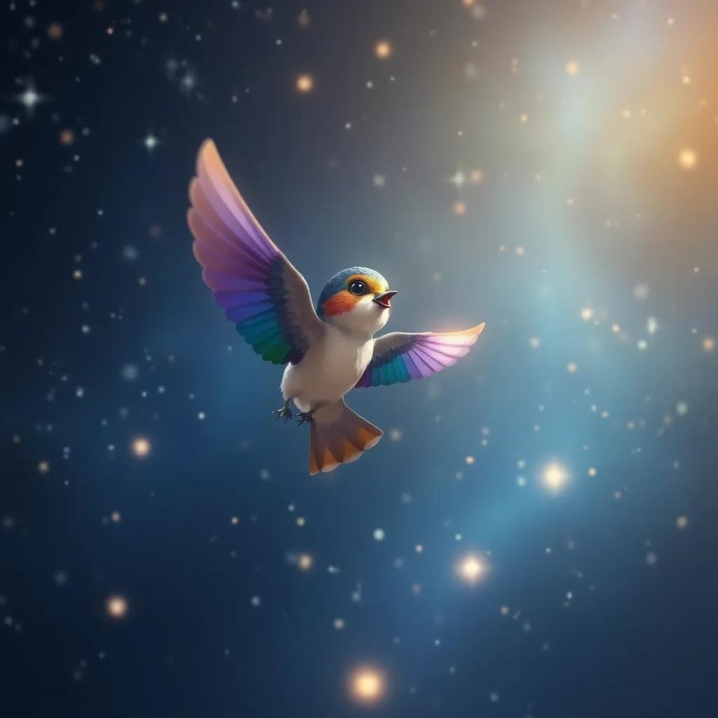 A little swallow with colorful feathers flying to the Happy Prince, the night sky filled with stars, creating a magical atmosphere, digital painting, warm light, imaginative, uplifting