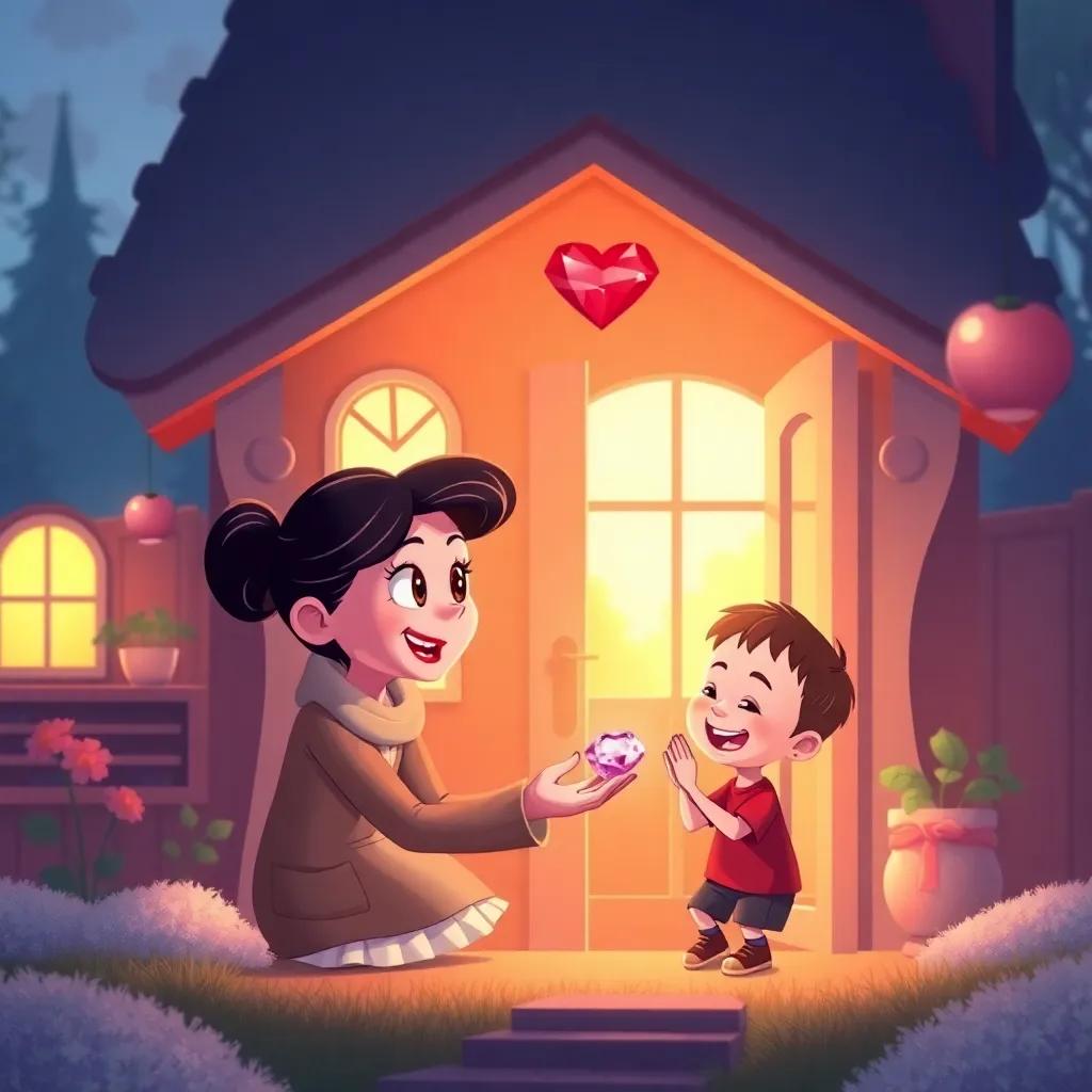 A cozy small house with a mother and her boy looking surprised and happy as they receive a beautiful ruby, with warm light coming from the windows, illustration, heartwarming, bright, lovely