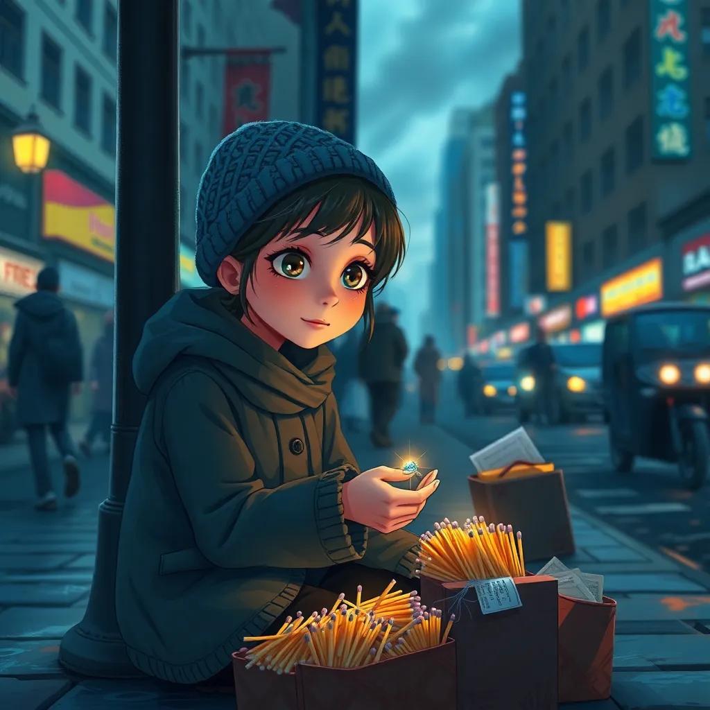 A girl sitting on the street selling matches, looking cold and lonely, her eyes lighting up as she receives a sapphire, the city bustling around her, digital art, vivid colors, emotional