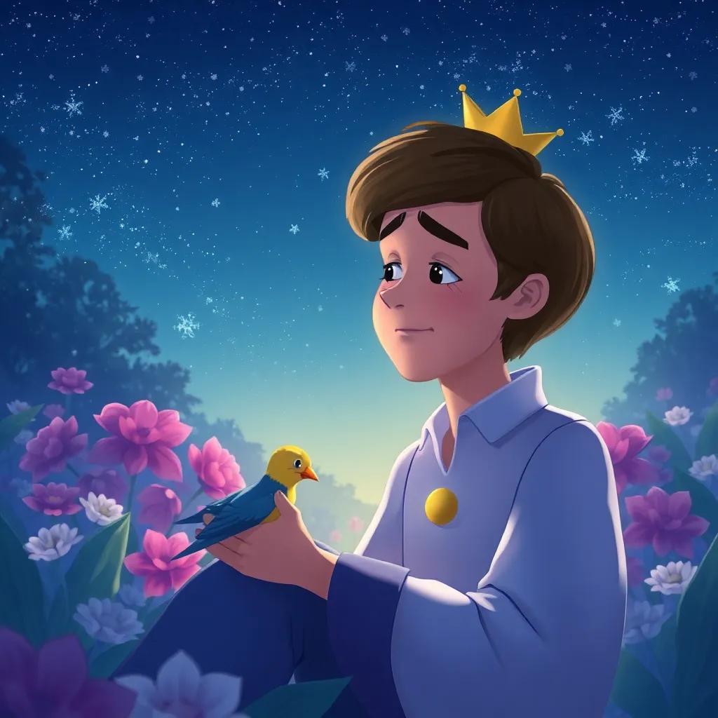 The Happy Prince looking sad without his jewels, the swallow staying by his side, the two of them in a beautiful garden under a starry sky, illustration, peaceful, comforting