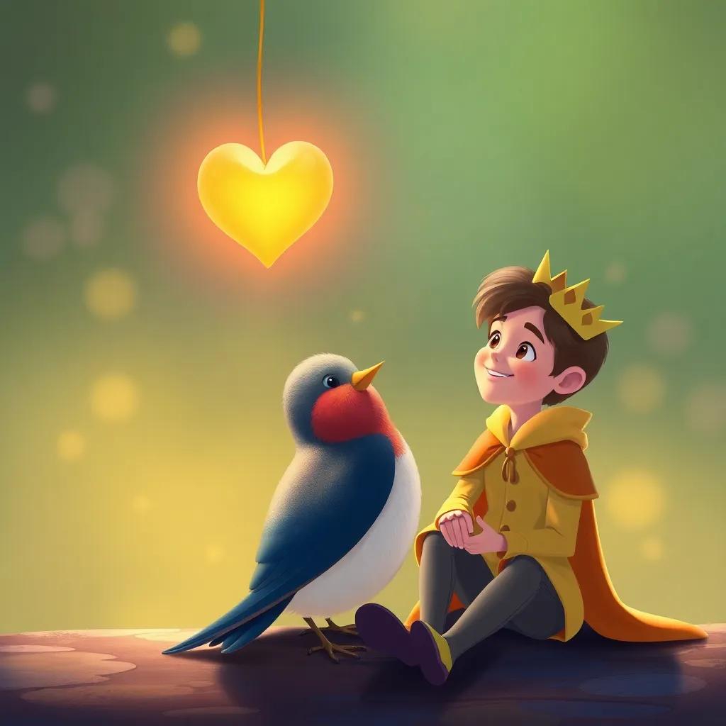 A warm scene of the Happy Prince and the swallow sitting together, with a glowing heart symbolizing love and kindness floating above them, digital painting, bright colors, harmonious