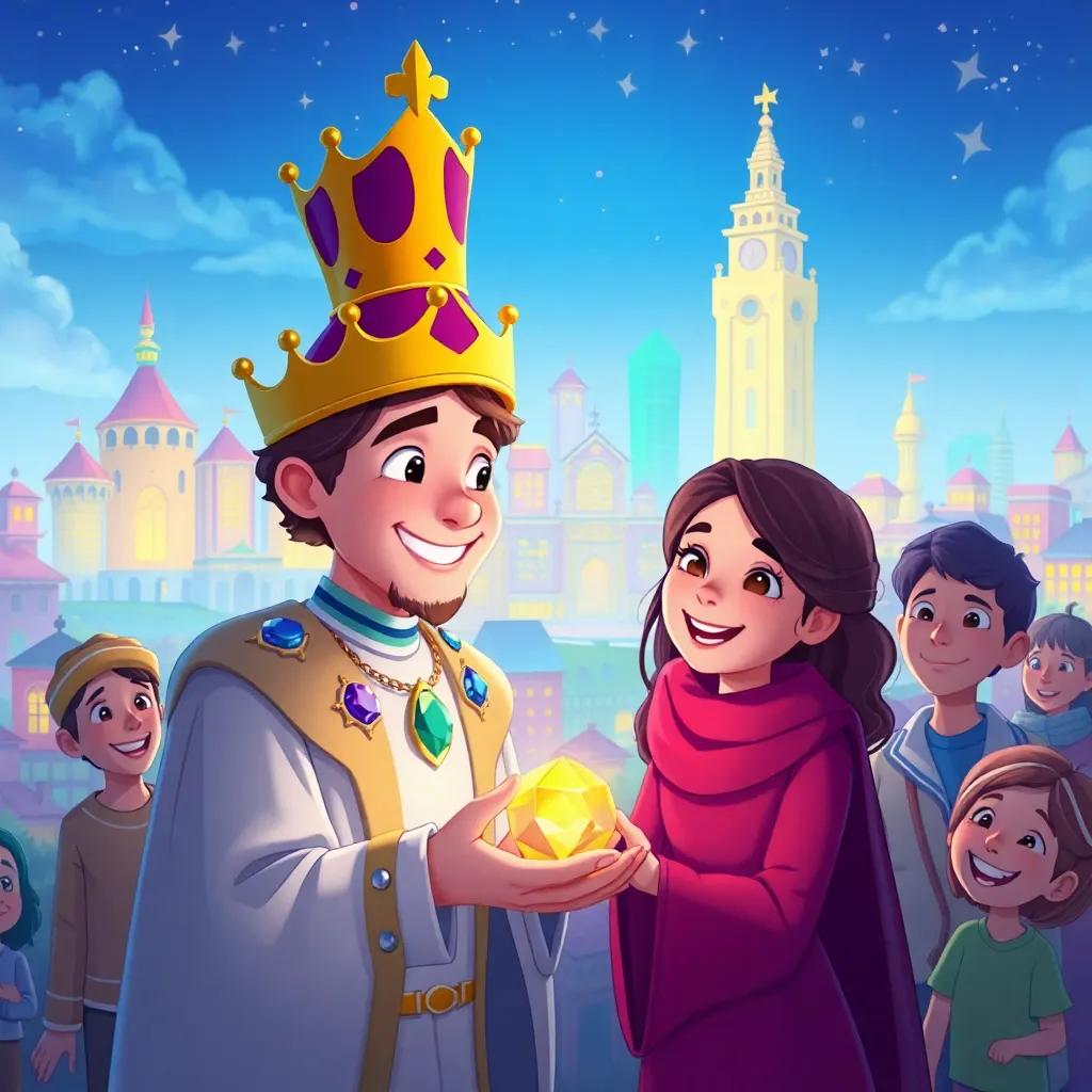 A heartwarming story scene where the Happy Prince is giving away his jewels to smiling people in need, a big colorful city in the background, illustration, joyful atmosphere, uplifting