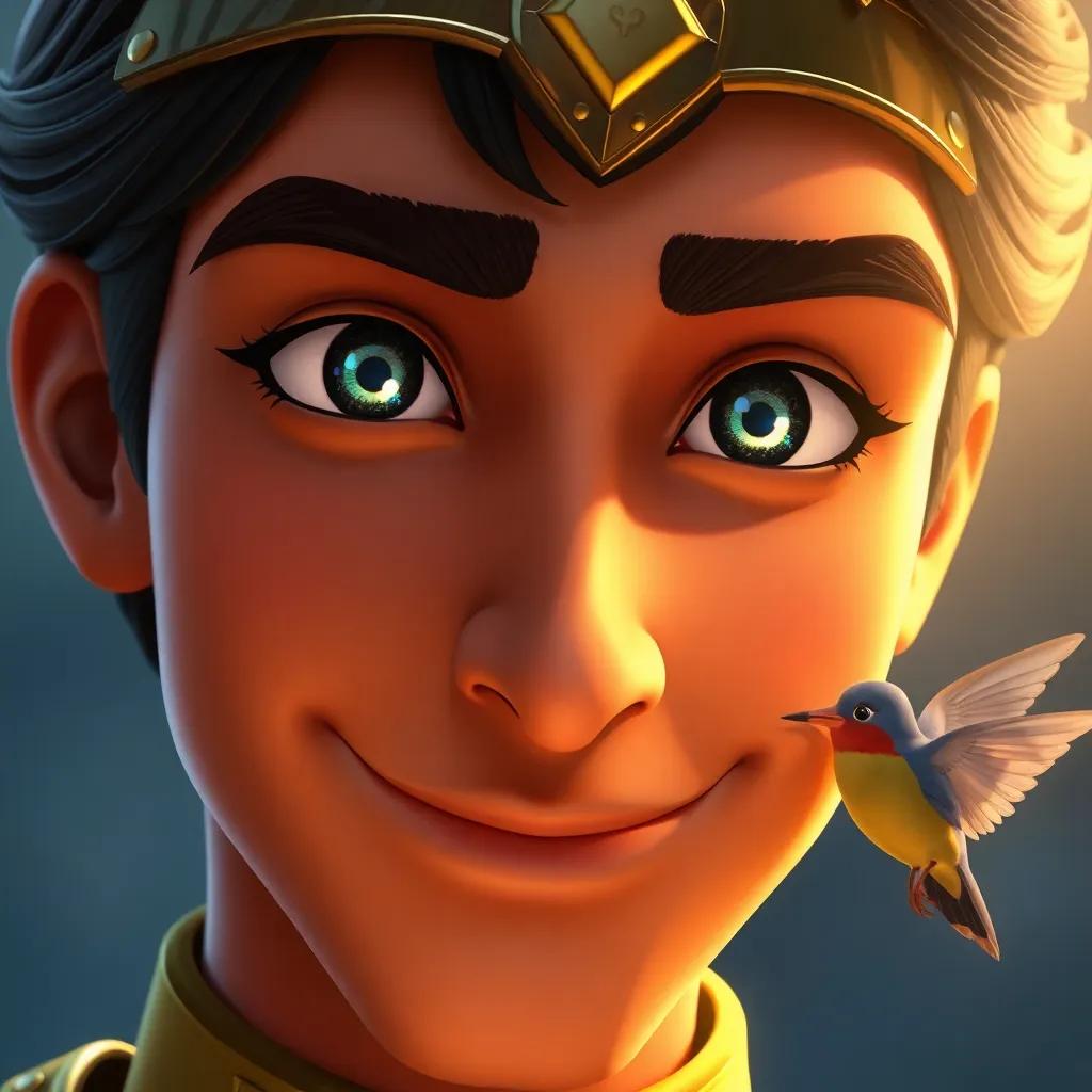 A close-up of the Happy Prince's face, shining even without his jewels, his eyes sparkling with kindness, with the swallow nearby, digital art, detailed and expressive, emotional clarity