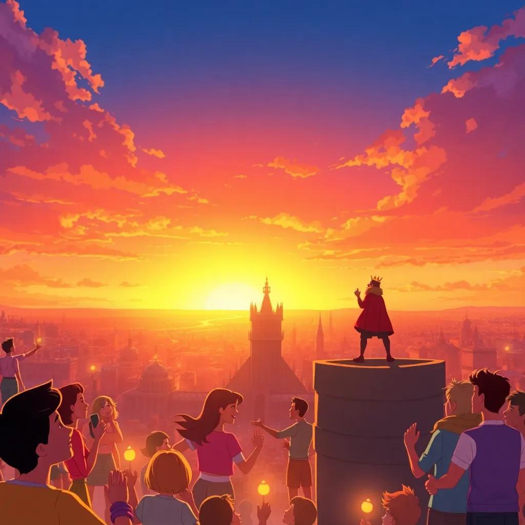 A beautiful sunset over the city, with many happy people celebrating their newfound warmth and joy, the Happy Prince watching from his tower, illustration, vibrant colors, hopeful