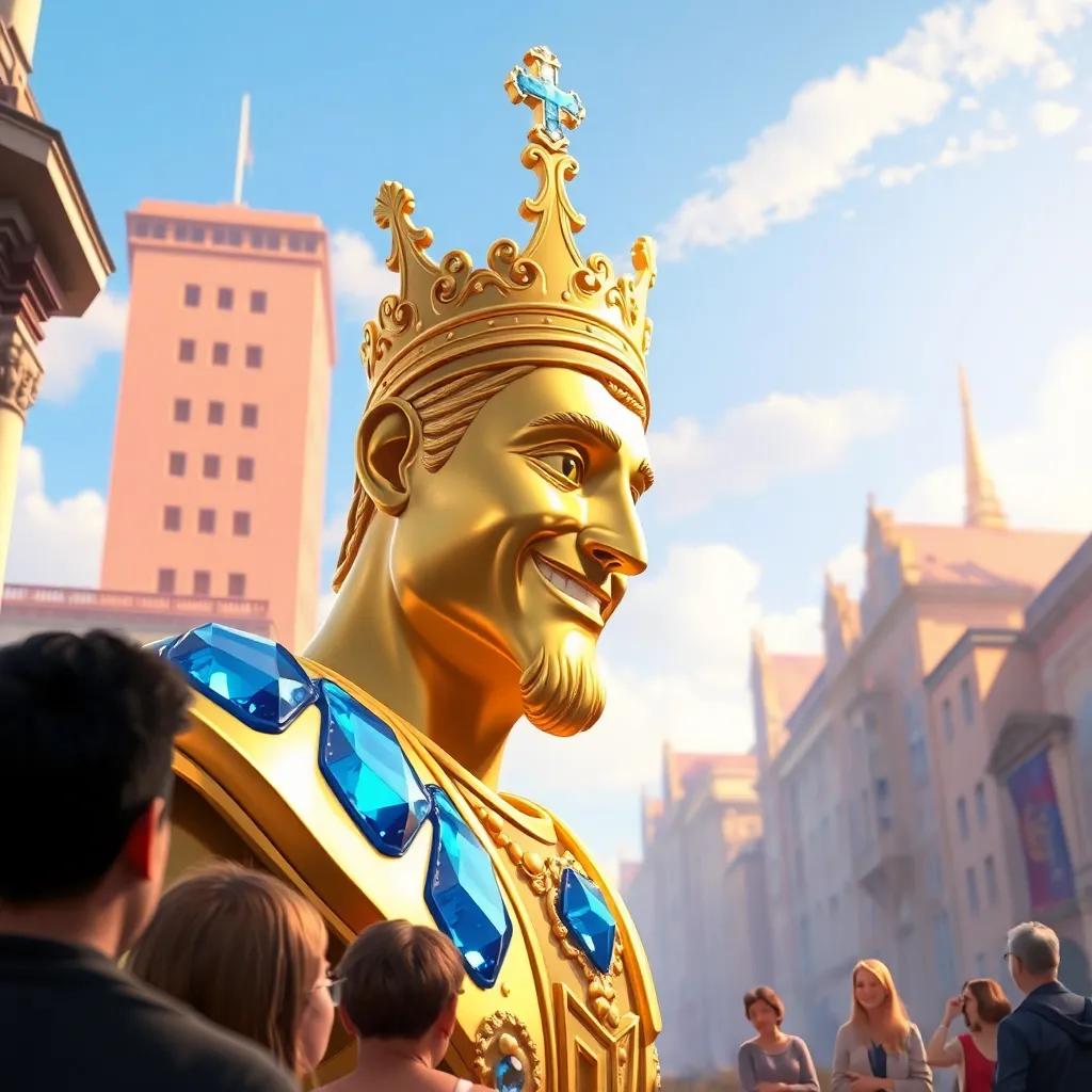 A tall statue of a prince made of gold and blue sapphire, smiling down at people in a bright city, detailed digital art, warm colors, cheerful atmosphere, high quality