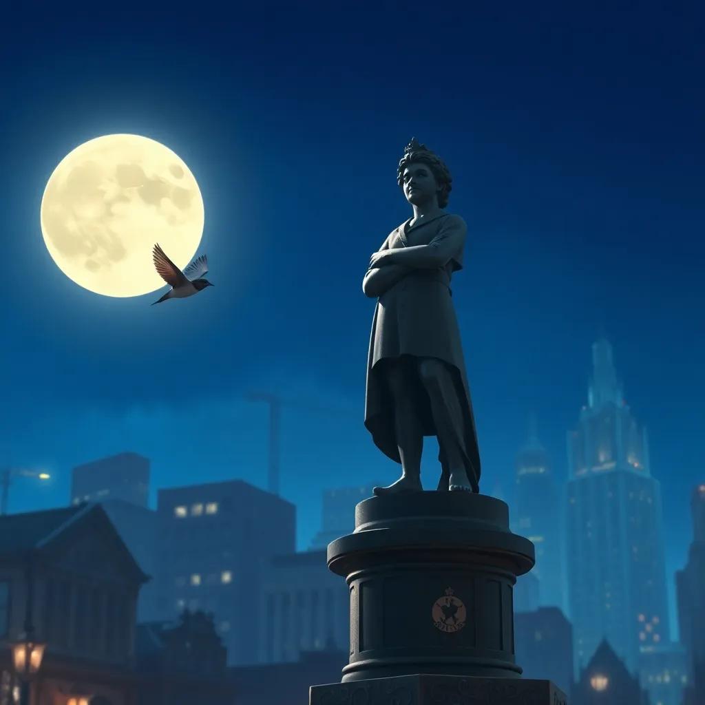 A small swallow flying in the moonlight towards the Happy Prince statue, city background with twinkling lights, digital painting, dreamy, serene vibe