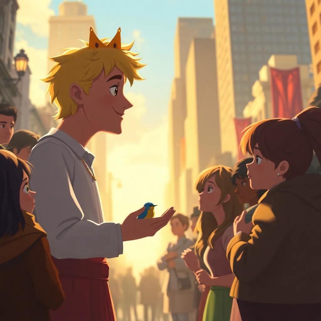 The Happy Prince talking to the little swallow, surrounded by sad people in the city, warm light, caring expressions, vibrant, storytelling perspective, rich colors