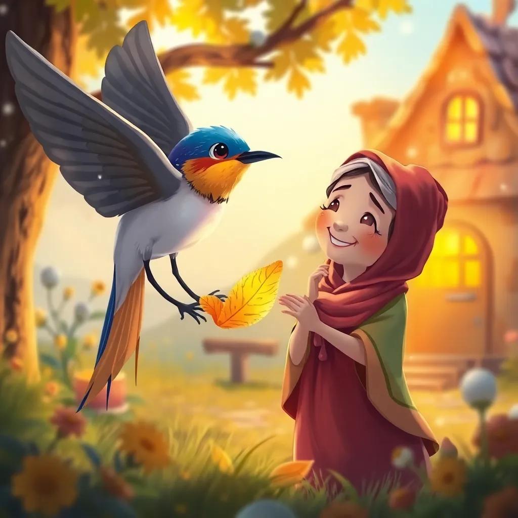The swallow helping a poor lady with a golden leaf, a cozy little home in the background, filled with warmth and joy, illustration, child-friendly, vivid atmosphere