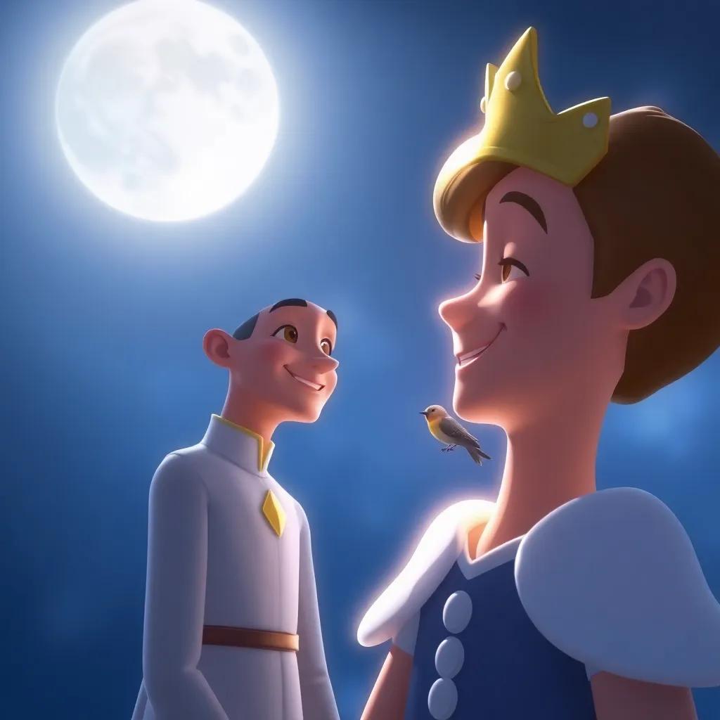 The Happy Prince, now slightly less shiny, smiling at the little swallow, soft moonlight casting gentle shadows, digital art, uplifting mood, high quality