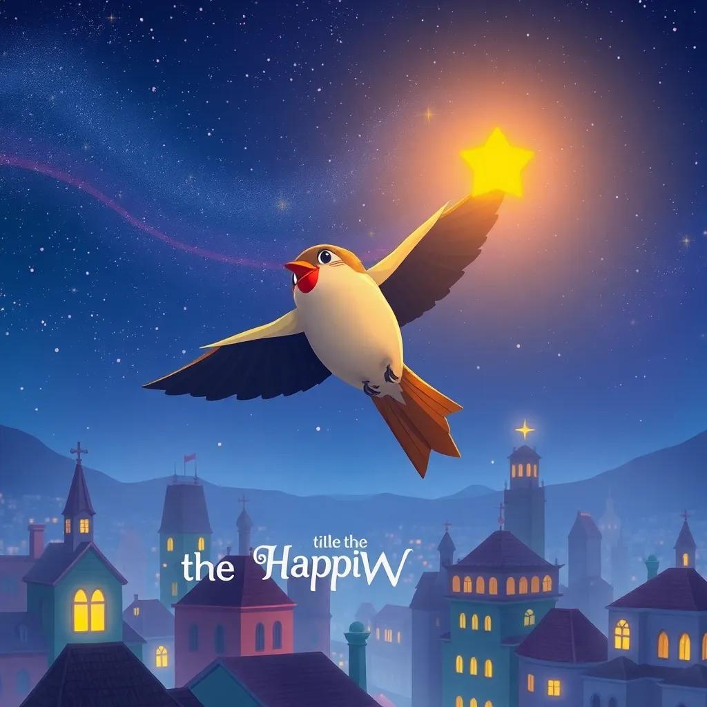 The swallow taking another gold piece from the Happy Prince, flying over the city under the starry sky, illustration, beautiful colors, magical feeling