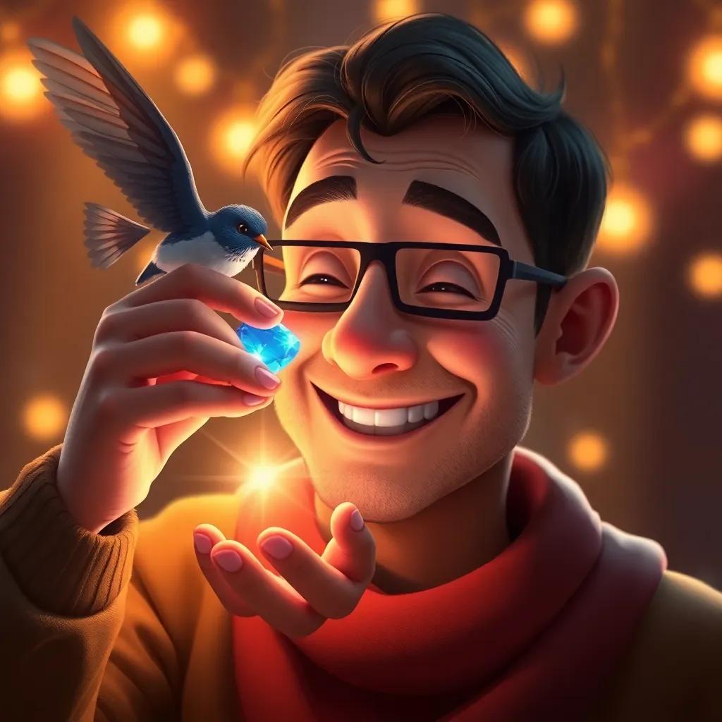 A blind man receiving a sparkling sapphire from the swallow, his face lighting up with joy, surrounded by warm lights, digital painting, heartwarming, engaging perspective