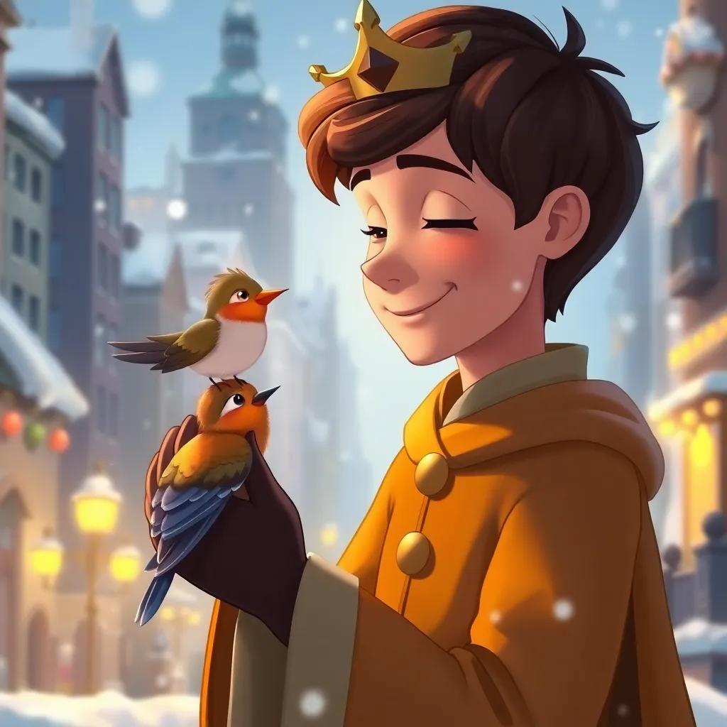 The Happy Prince, now with few gold pieces, looking lovingly at the little swallow, snowy city background, giving a sense of warmth and care, illustration, friendly atmosphere