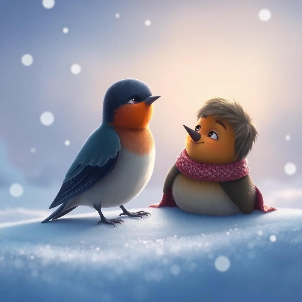 The swallow resting near the Happy Prince, a gentle winter scene with snowflakes, their friendship clearly displayed, digital art, peaceful, touching scene