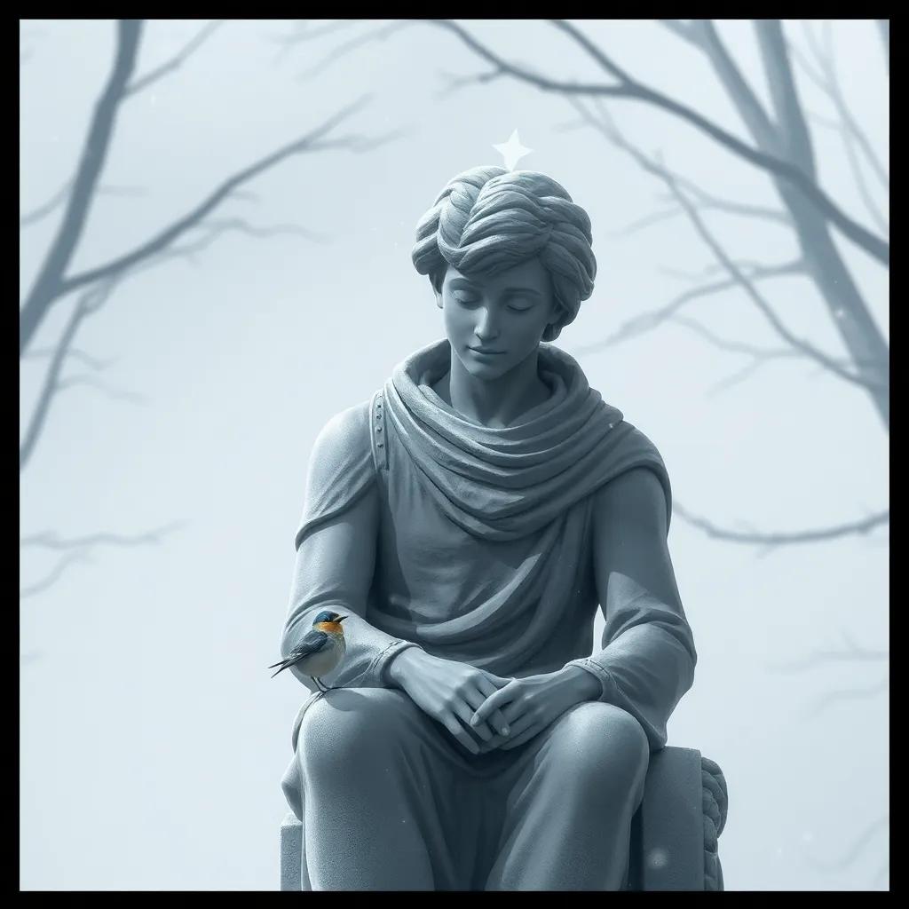 The statue of the Happy Prince transformed to grey, with a cold atmosphere yet warm feeling inside, the little swallow beside him peacefully, illustration, emotional, meaningful view