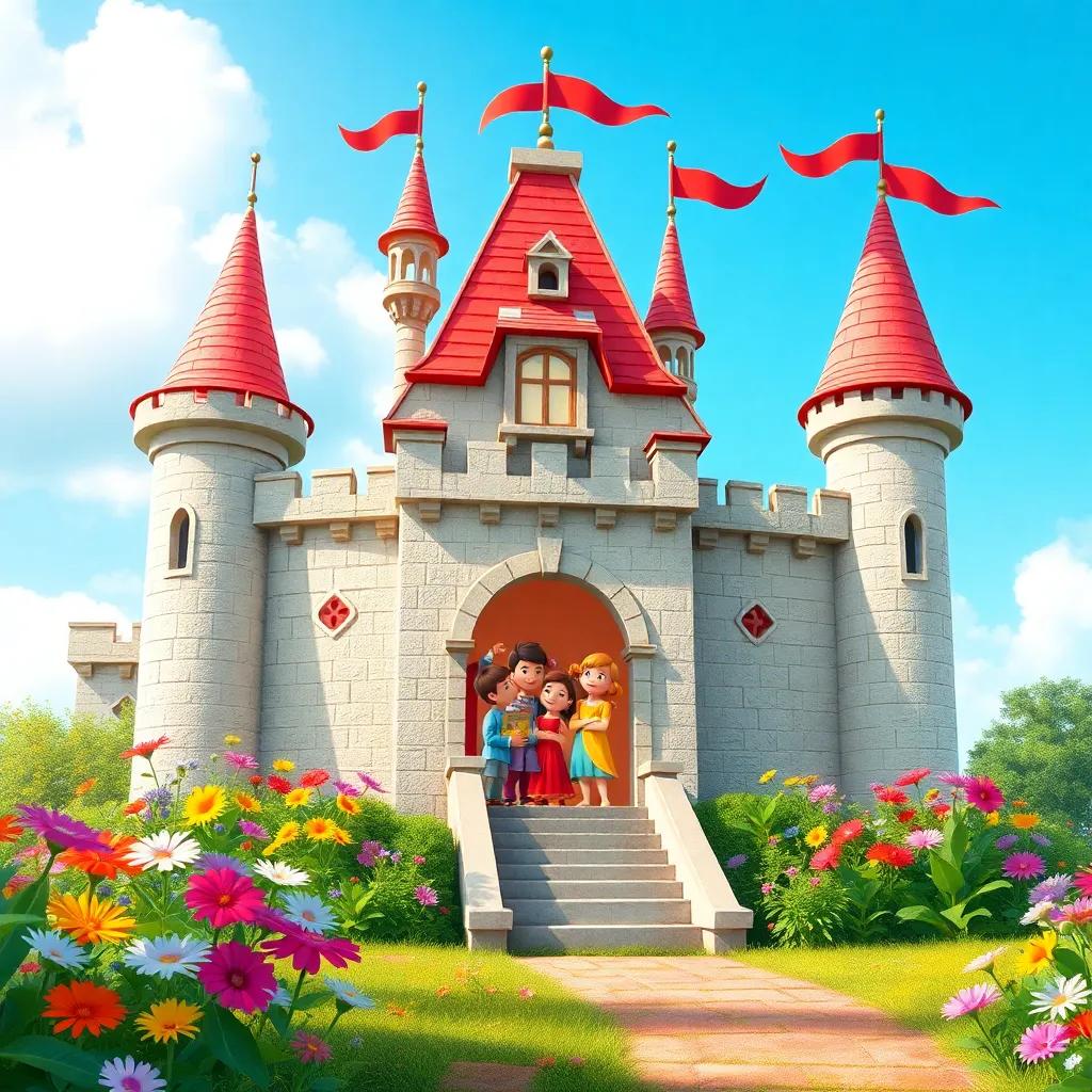 A little castle with colorful flags, surrounded by vibrant flowers and a bright blue sky, a happy family inside, digital art, cheerful atmosphere, warm colors, inviting scene, high quality