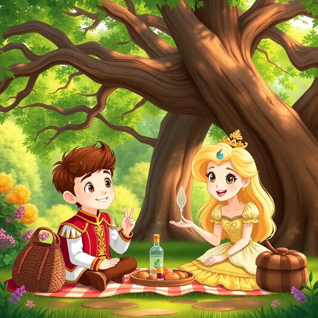 Prince Leo, a young Caucasian boy with short brown hair wearing a royal outfit, and Princess Mia, a young Caucasian girl with long blonde hair wearing a lovely dress, having a picnic under a big oak tree in a lush green garden, illustration, joyful, family fun, bright colors, high quality