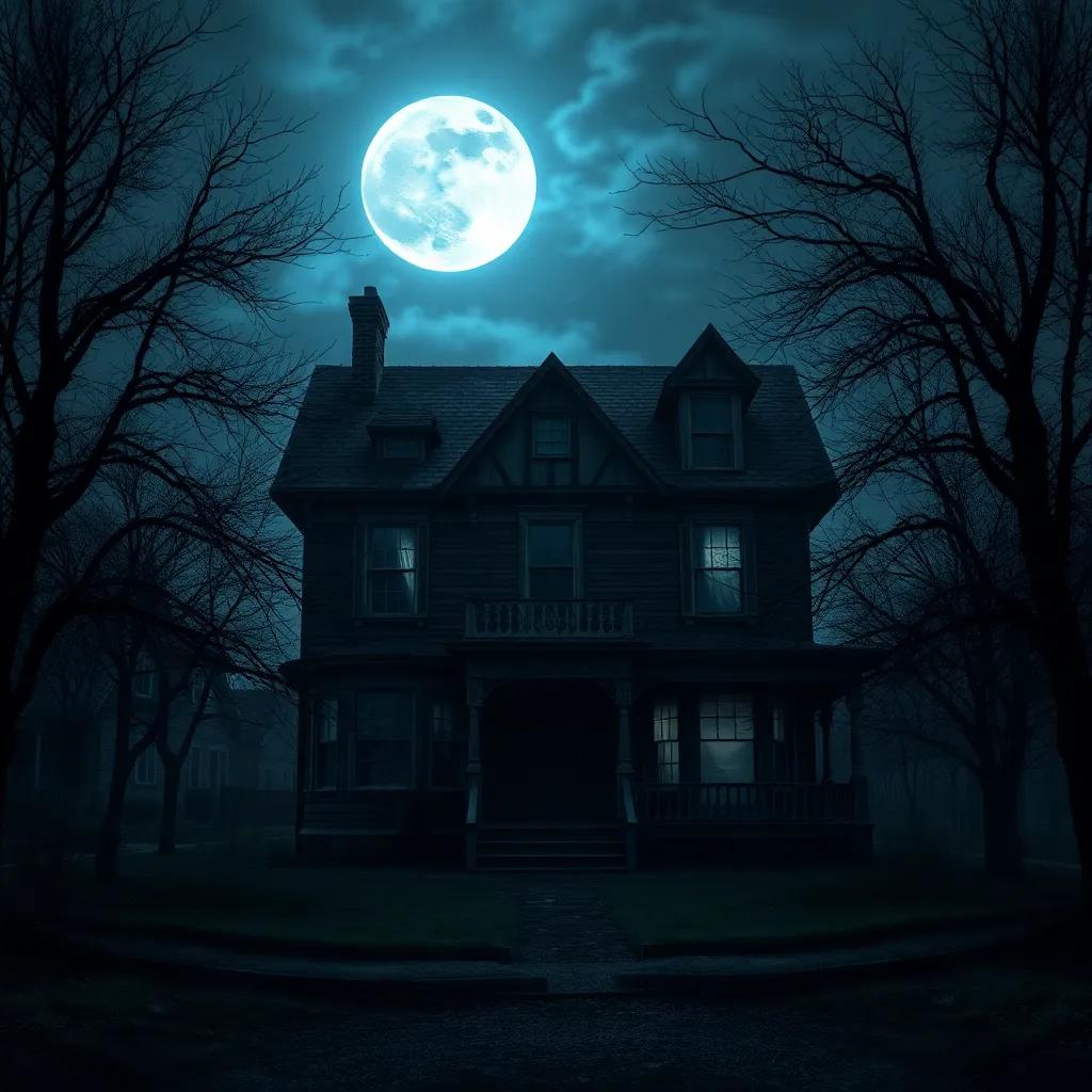 A spooky old house in a quiet town, moonlight shining, with shadowy trees surrounding it, digital art, eerie atmosphere, dark blues and silvers, front view, highly detailed, mysterious ambiance, fantasy
