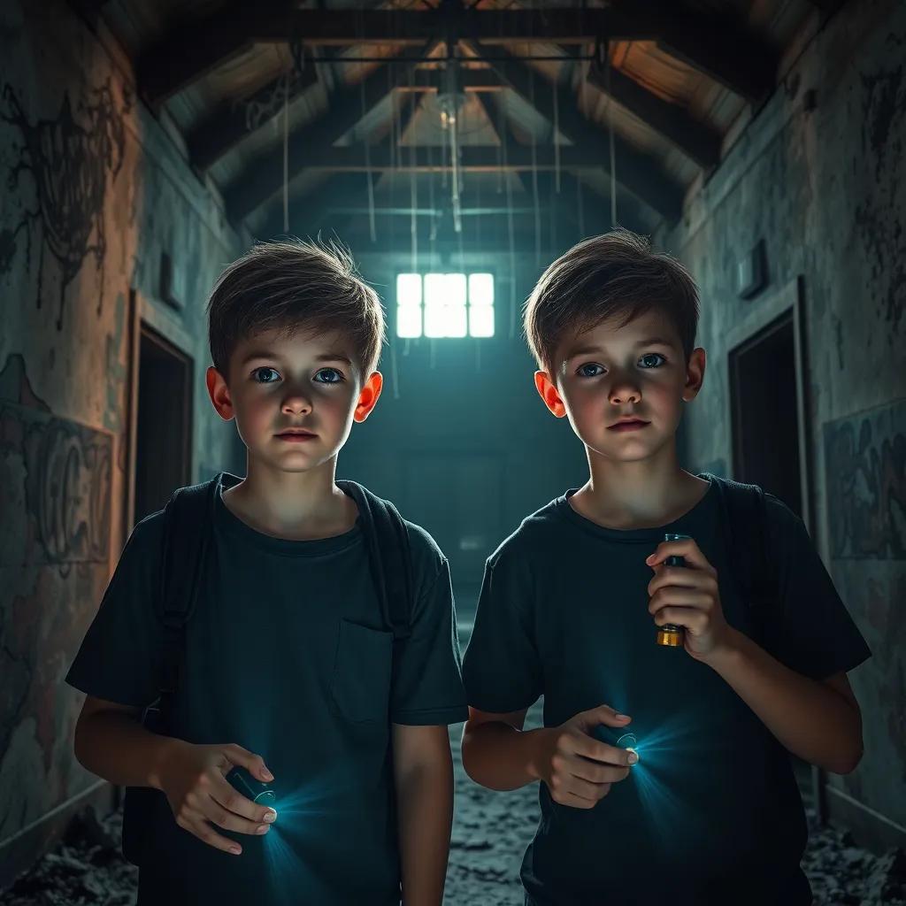 John and Chris, two young boys with short hair, wearing casual clothes with flashlights, the inside of an eerie abandoned building filled with shadows and cobwebs, detailed digital art, dimly lit, atmospheric, engaging perspective, high quality