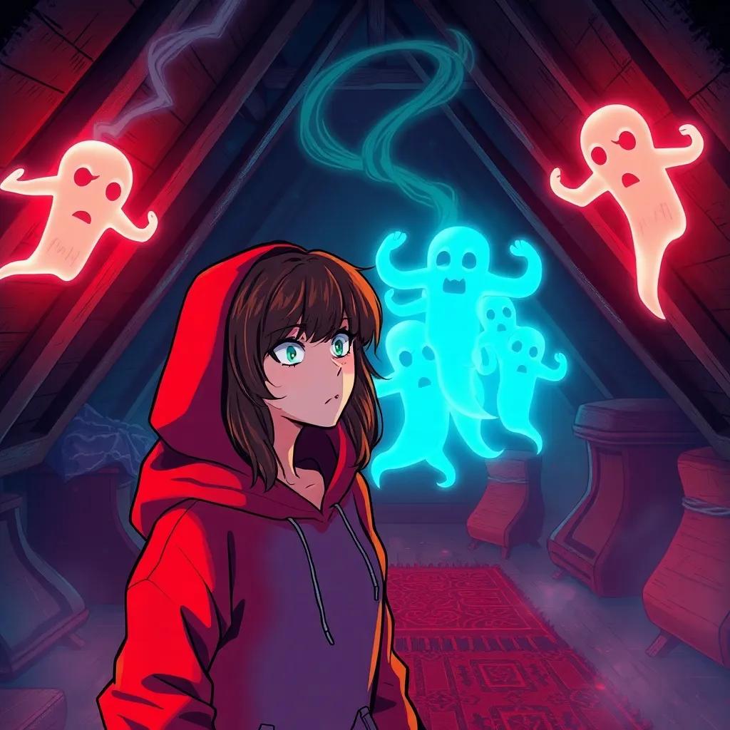 A dark attic with cold air swirling, glowing angry ghost figures appearing, Mia with her brown hair and red hoodie looking terrified, atmosphere of tension and fear, illustration, haunting, vibrant but eerie colors, high quality