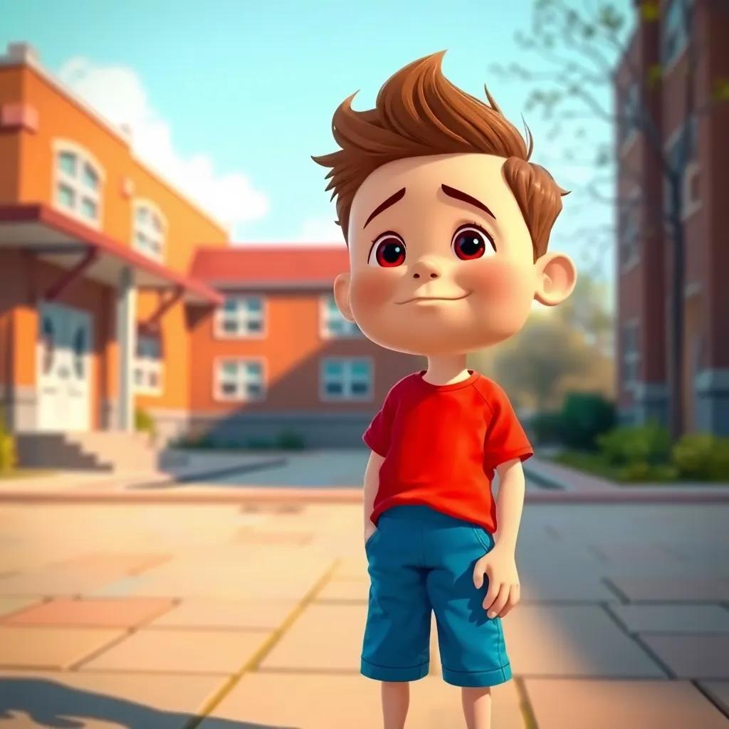 A cheerful boy, Danny, with a round face, wearing a bright red t-shirt and blue shorts, standing at the schoolyard looking a bit sad, school building in the background, digital art, warm colors, inviting atmosphere, high quality