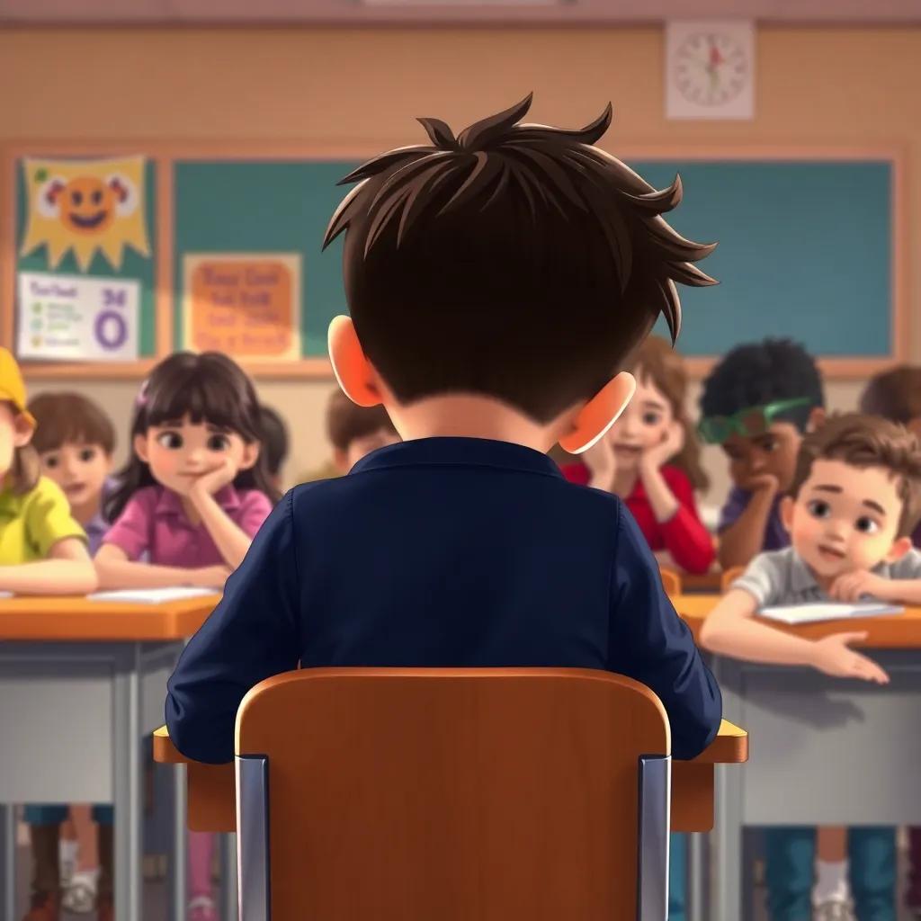 Danny, sitting in a classroom with his head down, facing a desk, surrounded by classmates, some whispering, bright classroom colors, digital illustration, detailed, slightly sad mood