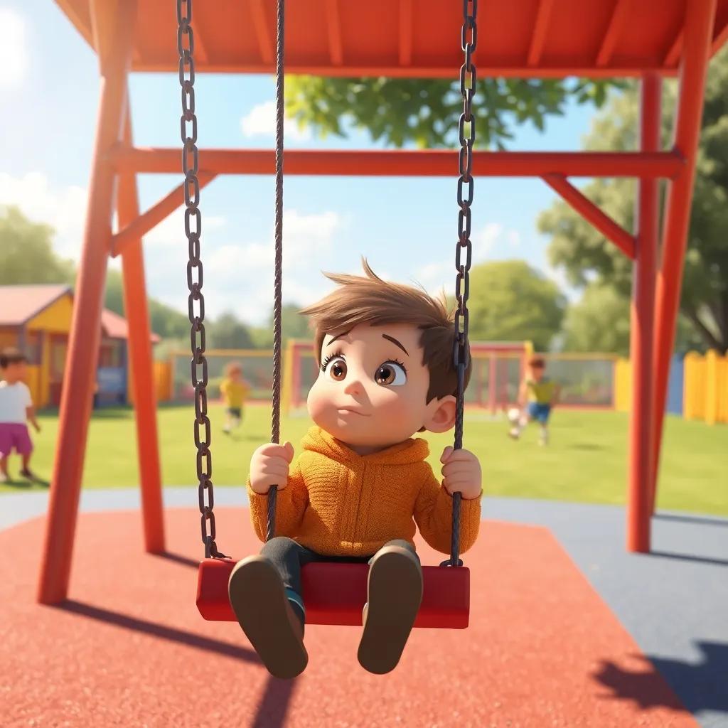 A playground scene with Danny on a swing, looking thoughtful and alone, children playing soccer in the background, bright sunny day, colorful playground, cheerful style, high quality