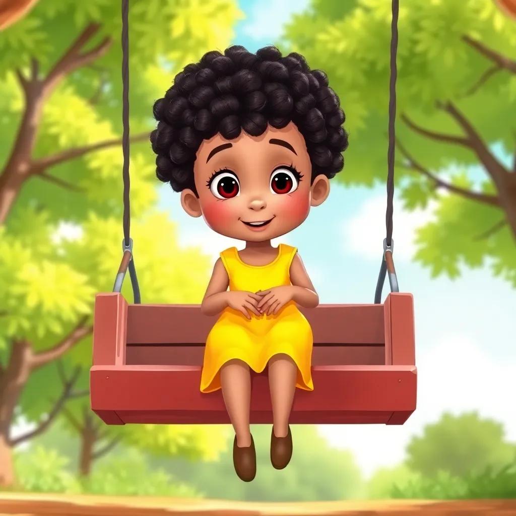 A small girl, Lily, with short curly hair, wearing a yellow dress, approaching Danny on the swing, looking encouraging, green trees and bright sky in the background, cute and friendly illustration, vibrant colors, child-friendly