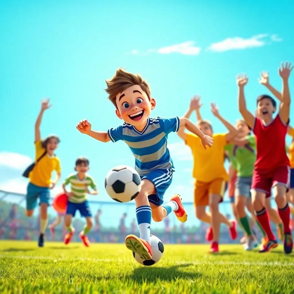 Danny running on the soccer field, kicking a ball and smiling, surrounded by his friends celebrating, bright blue sky, fun and energetic atmosphere, colorful sportswear, uplifting