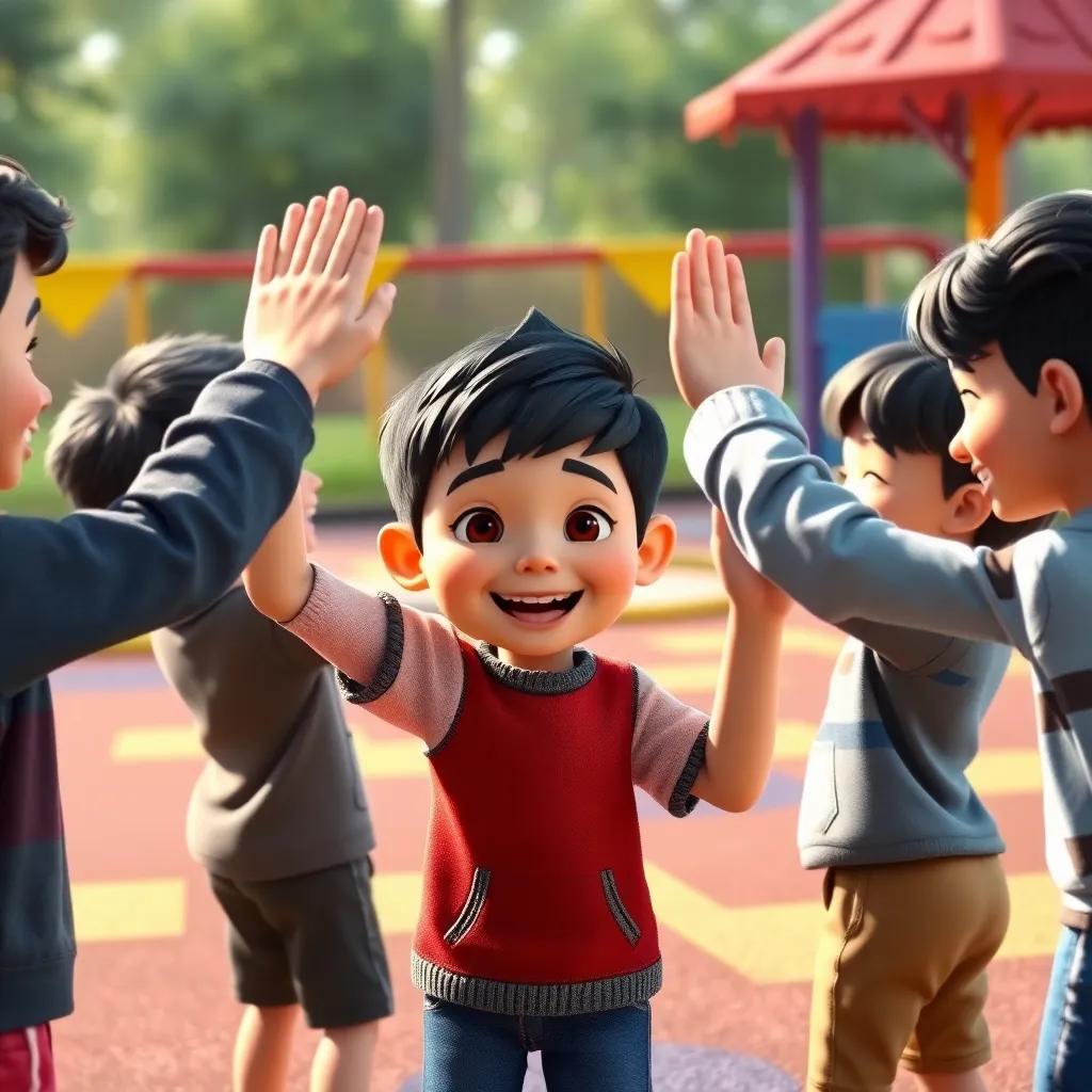 Danny, receiving high-fives and pats on the back from his friends, all smiling and laughing together, colorful playground, joyful mood, child-friendly, high detail