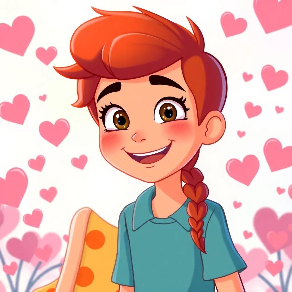 Lily smiling at Danny with a proud expression, vibrant colors and bright background, hearts floating around to show friendship, cheerful and warm illustration, high quality