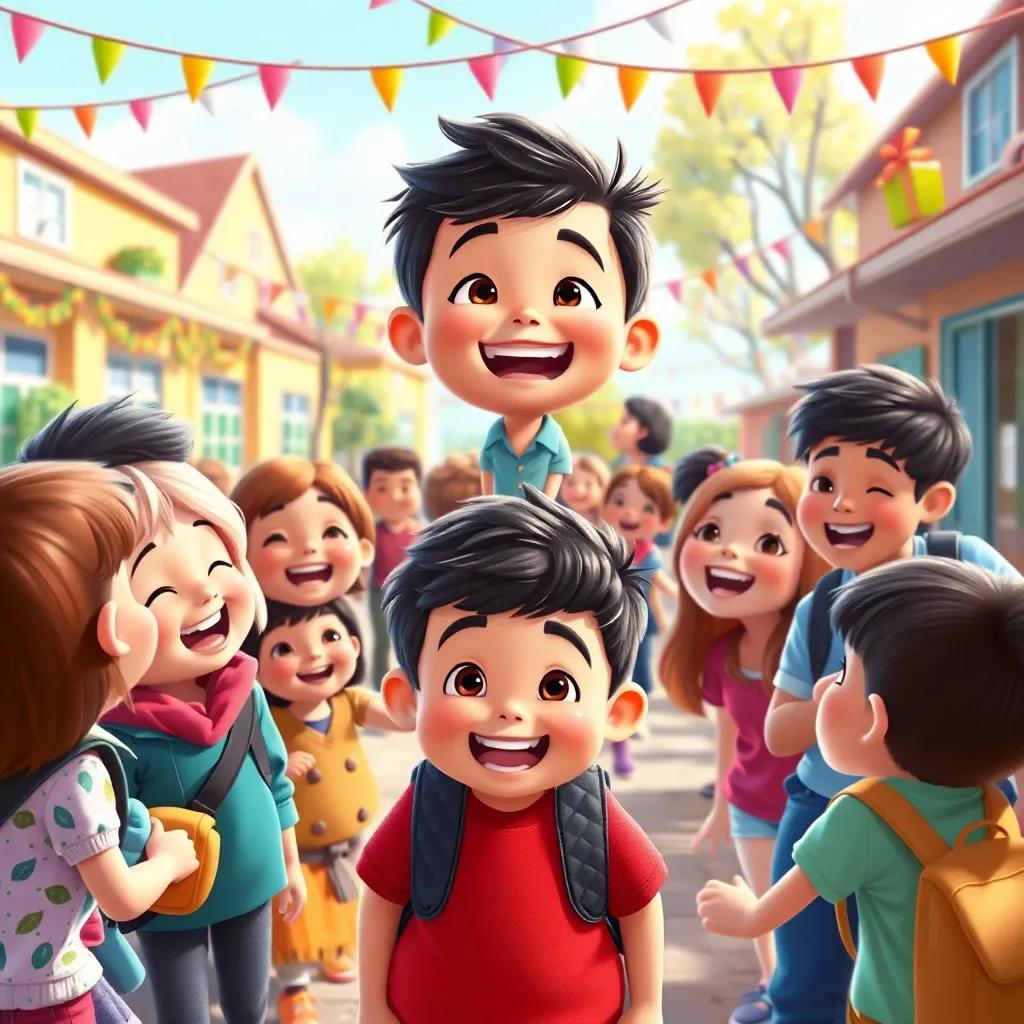 Danny, surrounded by friends, laughing and playing at school, everyone looking happy, colorful schoolyard setting, festive atmosphere, vibrant and friendly, high quality