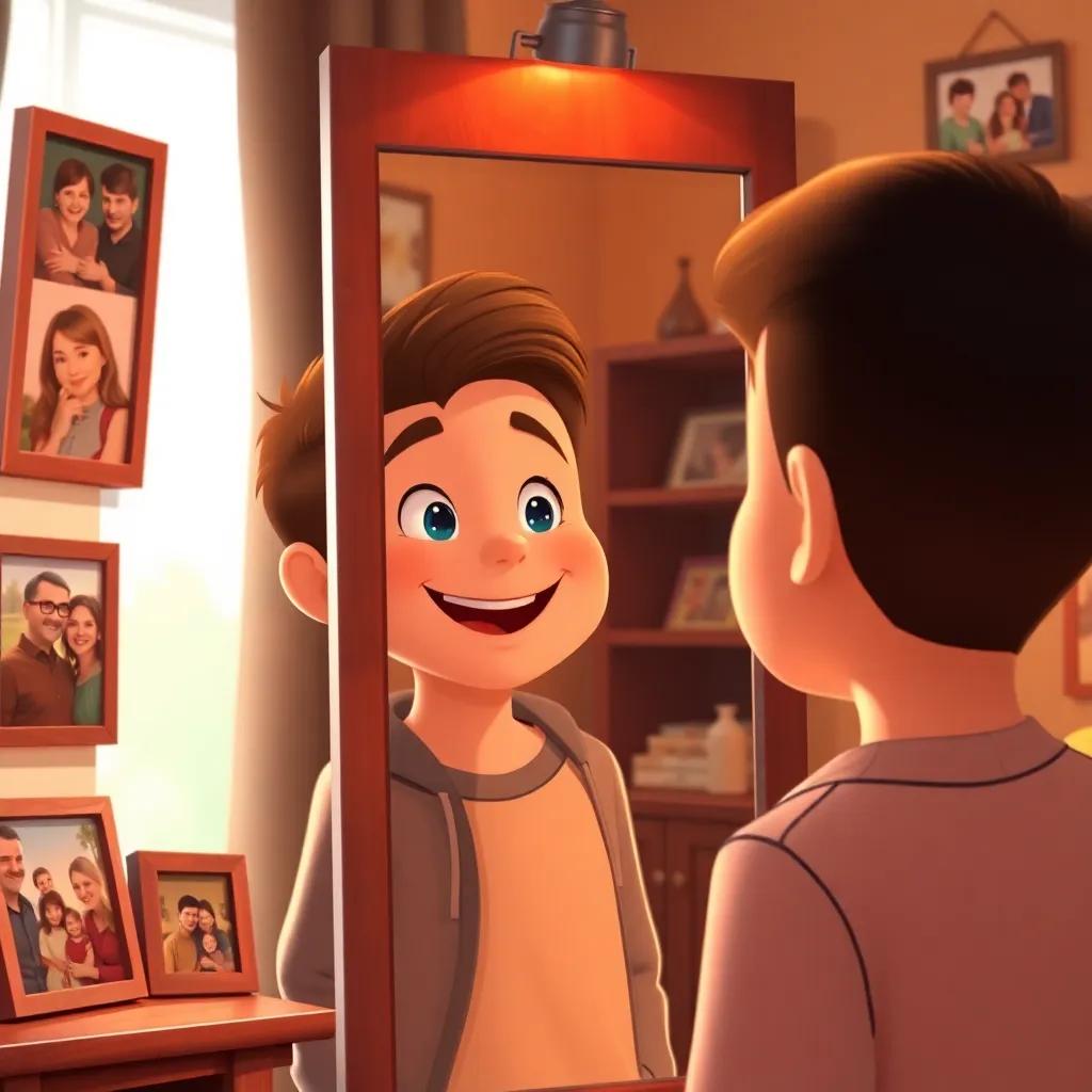 Danny feeling proud, looking in a mirror at home, reflecting happiness, surrounded by photo frames of friendship moments, warm family room colors, uplifting and cozy atmosphere, digital art