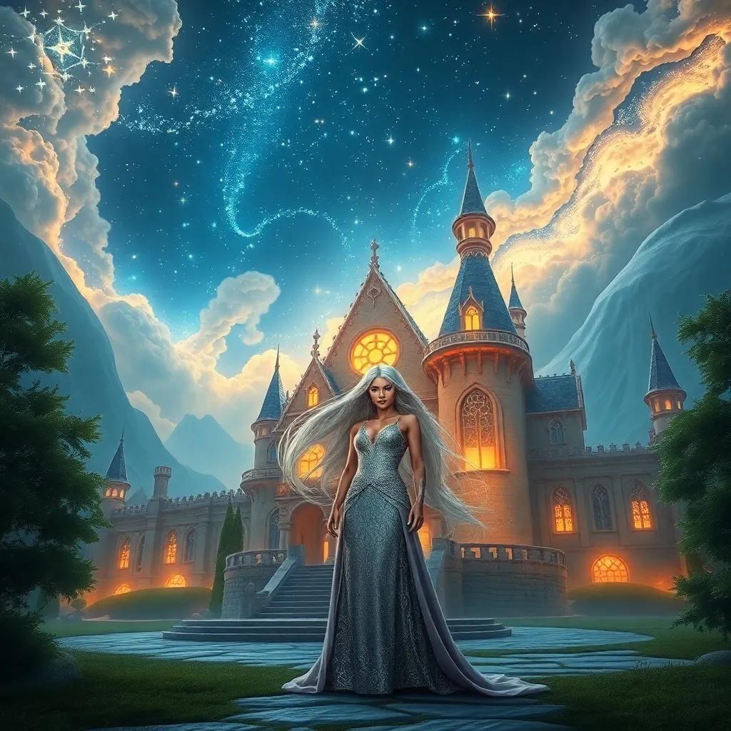 An elven palace under a starry sky with glowing lights, Lirael with flowing silver hair, dressed in a shimmering gown, standing bravely in front of her palace, digital art, vibrant colors, magical atmosphere, high quality
