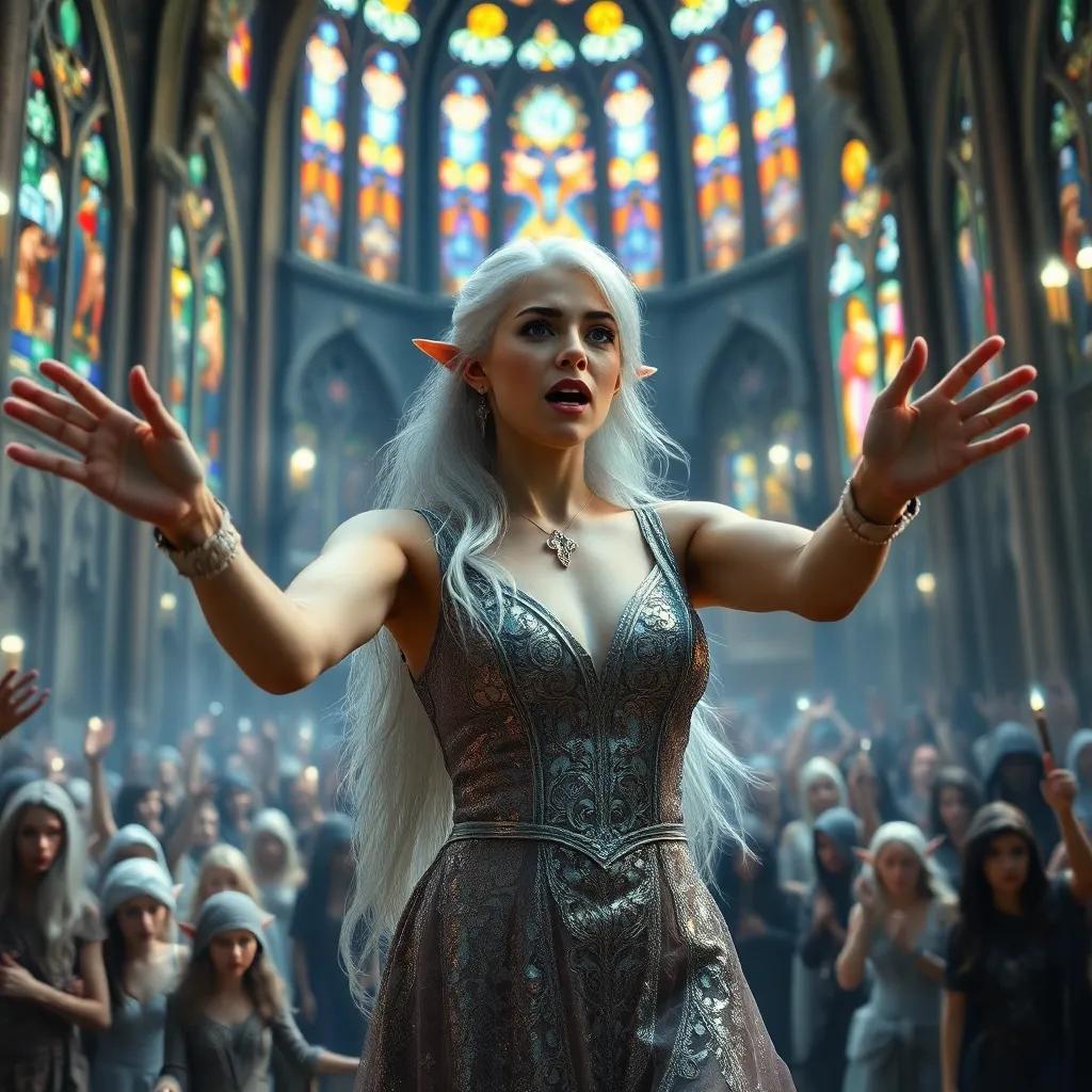 Lirael, an elven heiress with silver hair in a shimmering dress, shouting commands in a lively cathedral filled with elves, stained-glass windows glowing with colorful light, dynamic scene, tension and courage, realistic style, high quality