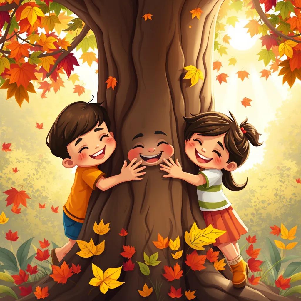 The children happily hugging the trunk of the Mother Tree, colorful leaves surrounding them, a joyful scene with a bright sun shining, rich colors, heartwarming moment, high quality