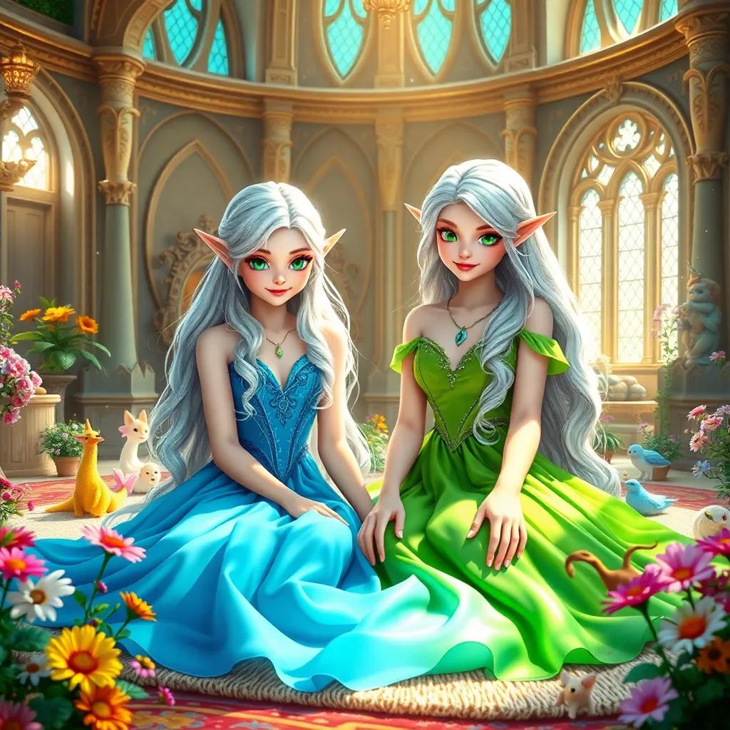 In a bright, enchanted castle room, two elven twin princesses, Elara and Lyra, with long silver hair and sparkling green eyes. Elara wears a flowing blue gown, while Lyra wears a vibrant green dress. They are sitting on a plush carpet, amidst colorful flowers and magical creatures, with a warm light shining through the window, digital art, cheerful atmosphere, fantasy setting, high quality