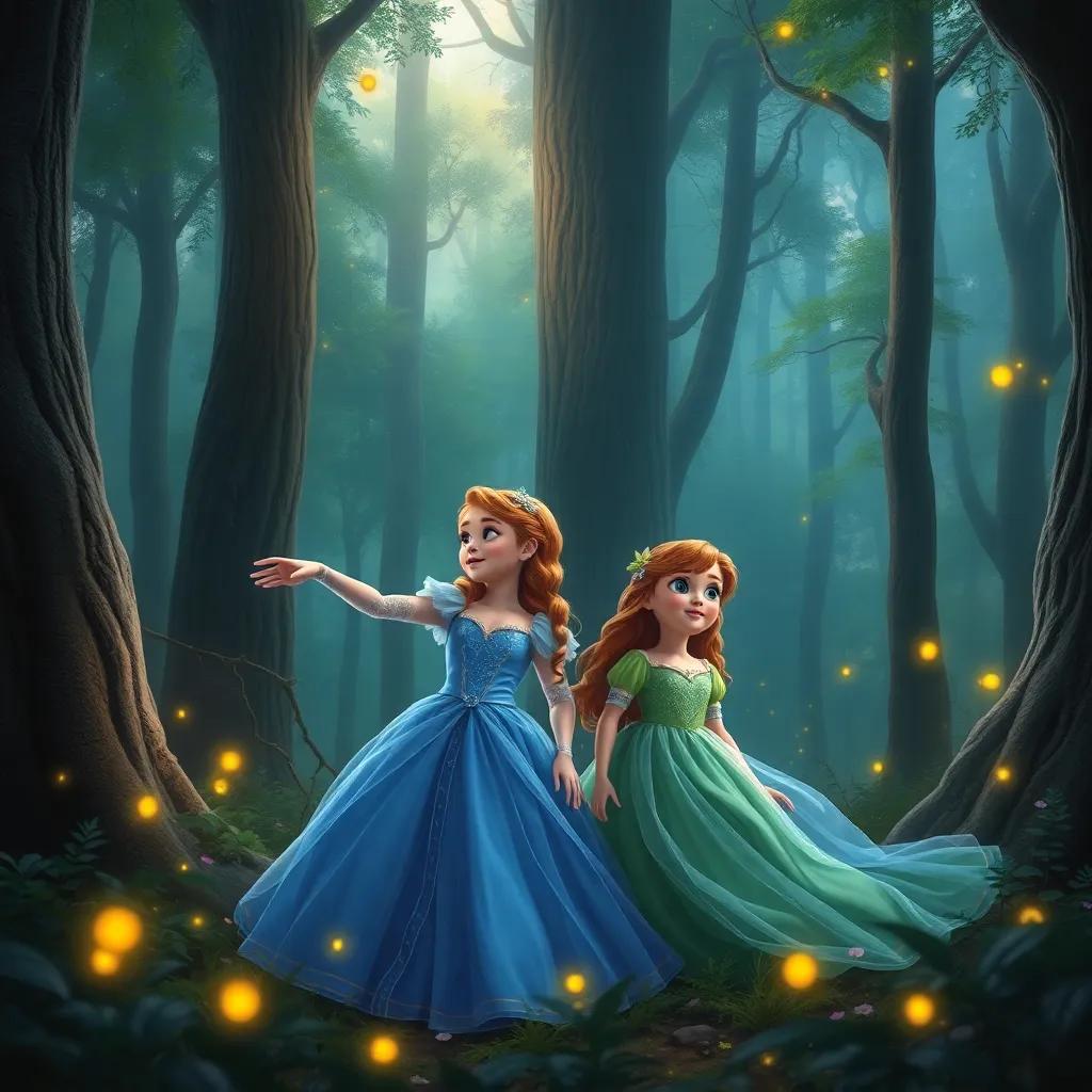 In a mystical forest, Elara and Lyra, the twin princesses, exploring together. Elara in her blue gown and Lyra in her green dress, surrounded by towering trees and glowing fireflies. Elara excitedly points toward a distant sparkle, while Lyra looks on with wide eyes, digital painting, vibrant colors, adventurous, fairy tale ambiance, high quality