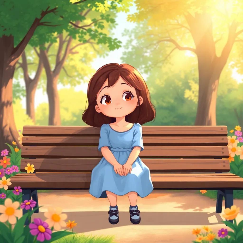 A girl named Mia sitting on a sunny park bench, looking thoughtful with a gentle smile, sunlight filtering through the trees, vibrant flowers around, digital art, warm colors, inviting atmosphere, high quality