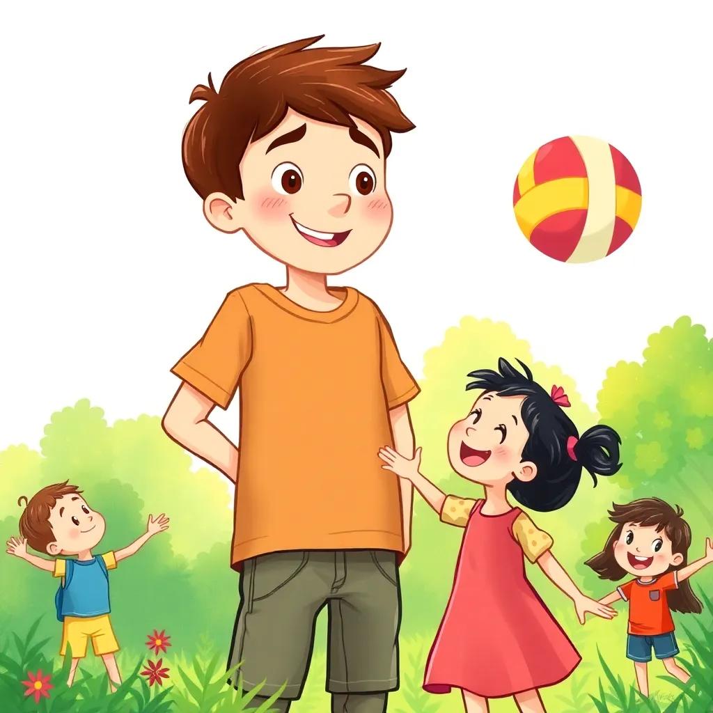 A tall boy named Liam with warm brown eyes tossing a colorful ball towards Mia, laughter in the air, surrounded by greenery and cheerful kids, bright sky, illustration, joyful, child-friendly