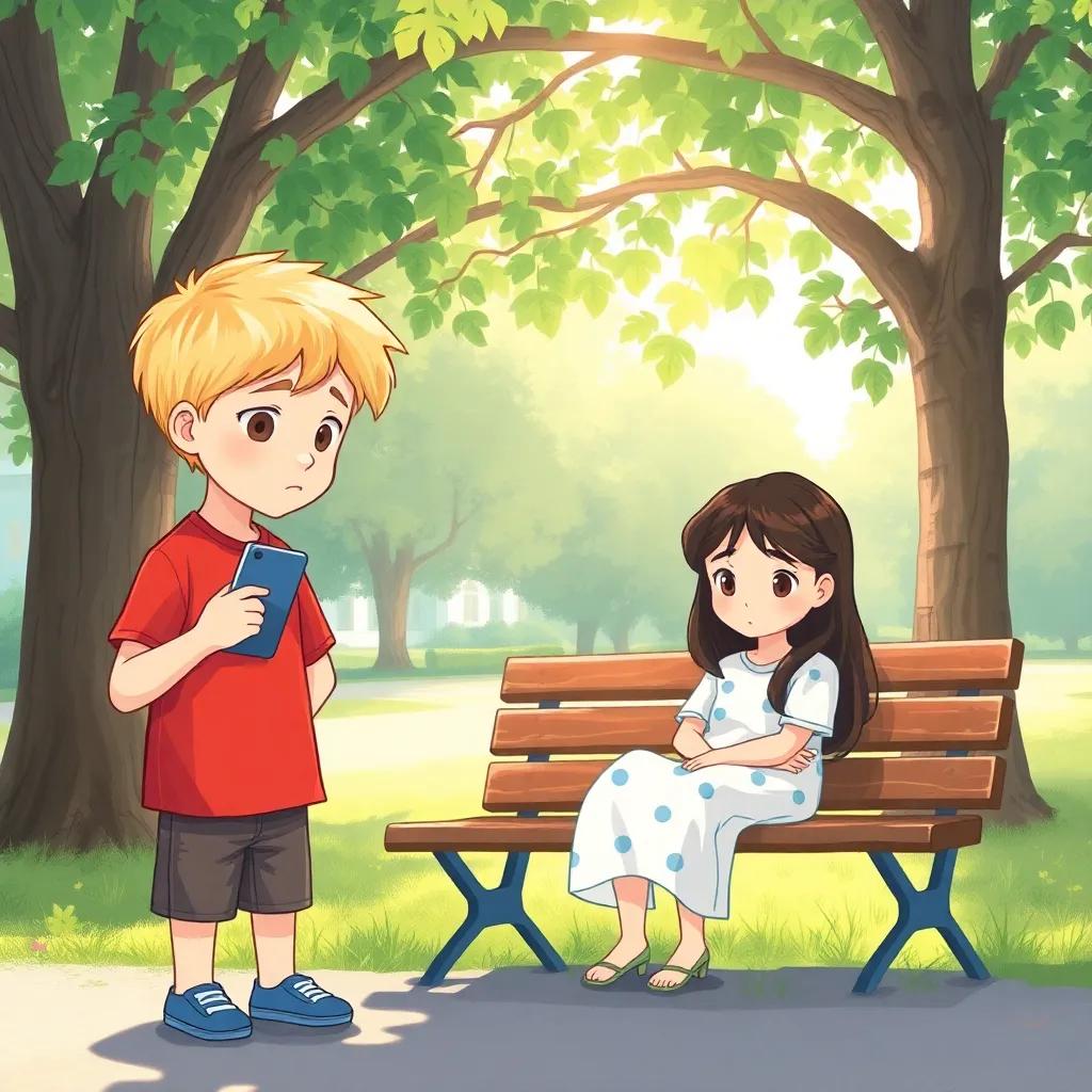 Tom, a young boy with short blonde hair in a red t-shirt, holding a phone with a worried expression, standing in a park with his childhood friend, Lily, a girl with long dark hair in a hospital gown, sitting on a bench under a leafy tree, tender and heartfelt, illustration, soft sunlight, gentle colors, emotional scene, storytelling view, high quality
