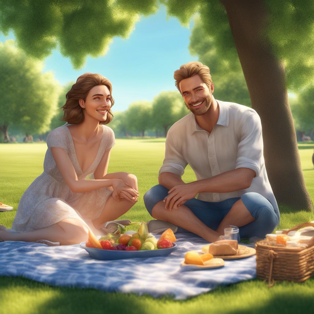 Ben, a thoughtful man with a warm smile, enjoying a sunny picnic in the park with his wife Lily, surrounded by green trees and a blue sky, digital art, bright and cheerful atmosphere, high quality