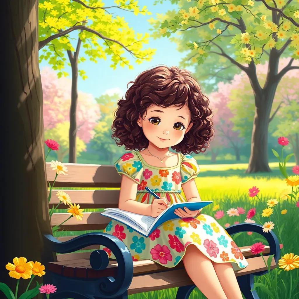 A young girl named Mia, with curly brown hair wearing a colorful summer dress, sitting on a park bench writing in her notebook, surrounded by blooming flowers and trees, bright sunlight, cheerful atmosphere, child-friendly, illustration, high quality