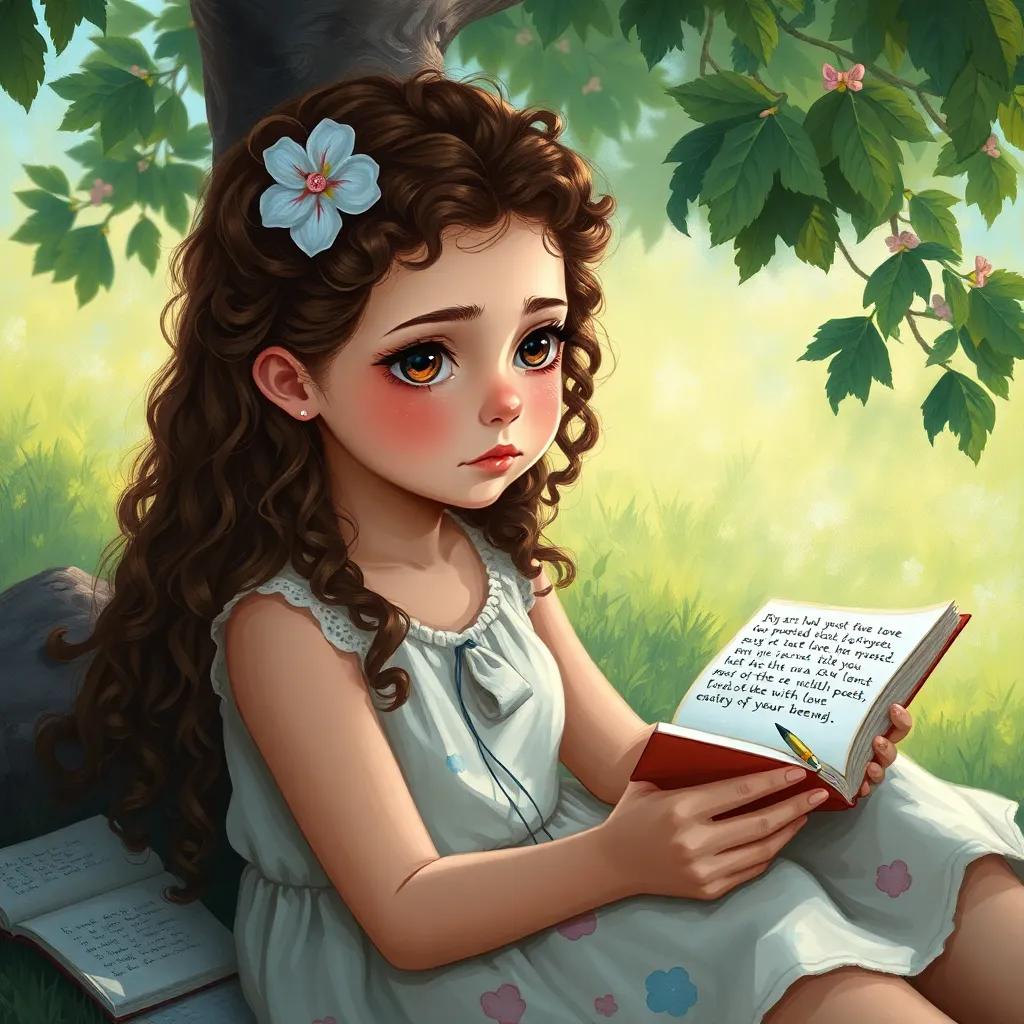 A young girl named Mia, with curly brown hair in her summer dress, sitting under a tree with teary eyes, holding her notebook, pages scattered around her with poems about love, melancholy light, soft colors, emotional scene, storytelling view, digital painting, high quality