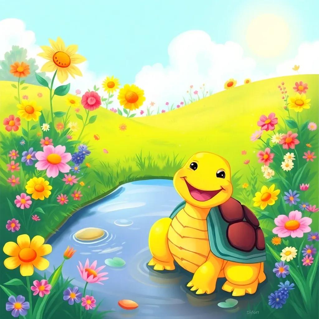 A colorful meadow with blooming flowers and a small pond, with a happy turtle named Tommy, who has a cheerful smile, surrounded by nature, digital art, vibrant colors, sunny day, inviting atmosphere, high quality