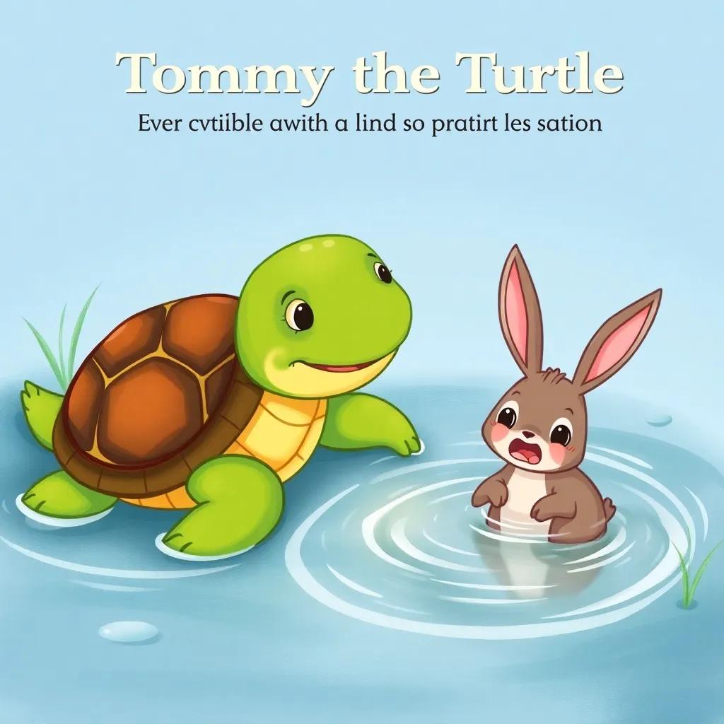 Tommy the Turtle, a kind and gentle turtle, is seen swimming towards a panicking bunny, Benny, who is in a small pond, digitally illustrated, emotional scene, bright colors, focus on expressions, high quality