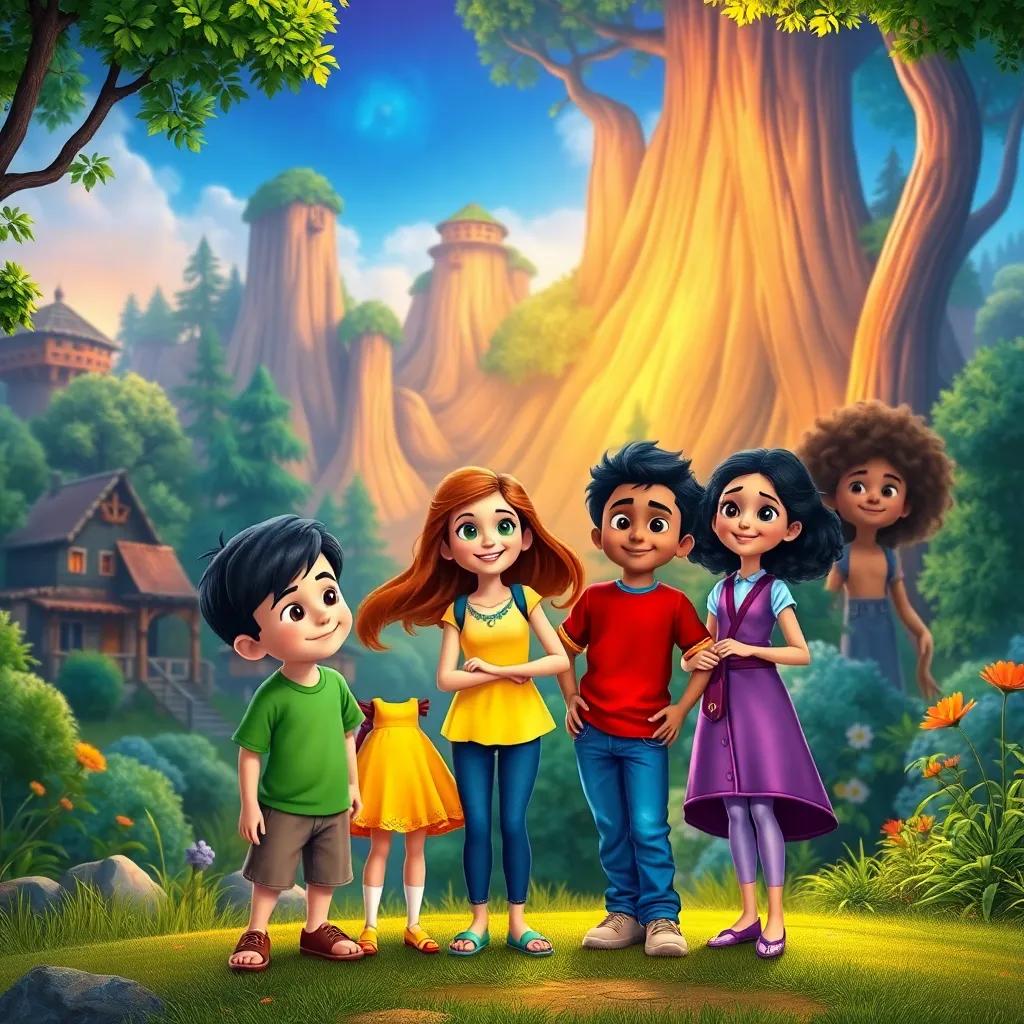 A small village near a magical forest, four friends: Oliver, a brave boy, with short black hair wearing a green shirt; Sara, a cheerful girl, with long brown hair wearing a yellow dress; Karim, a smart-looking boy in blue jeans and a red shirt; and Leila, a girl with curly hair wearing a purple outfit, excitedly standing at the forest's edge, colorful background, magical atmosphere, digital art, high detail, vibrant colors, inviting light.